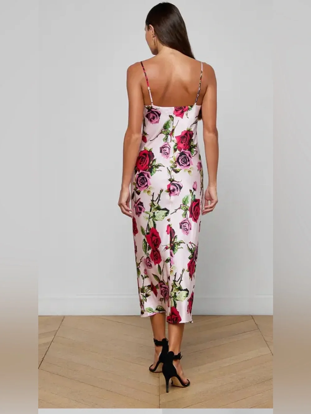 L'AGENCE Seridie silk slip dress. Pink Floral Slip Midi Dress with Rose Print